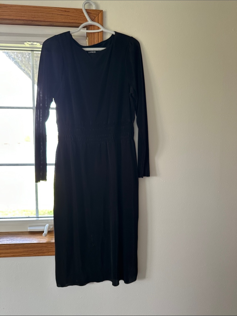 Express Black Long-Sleeve Midi Dress with Smocked Waist